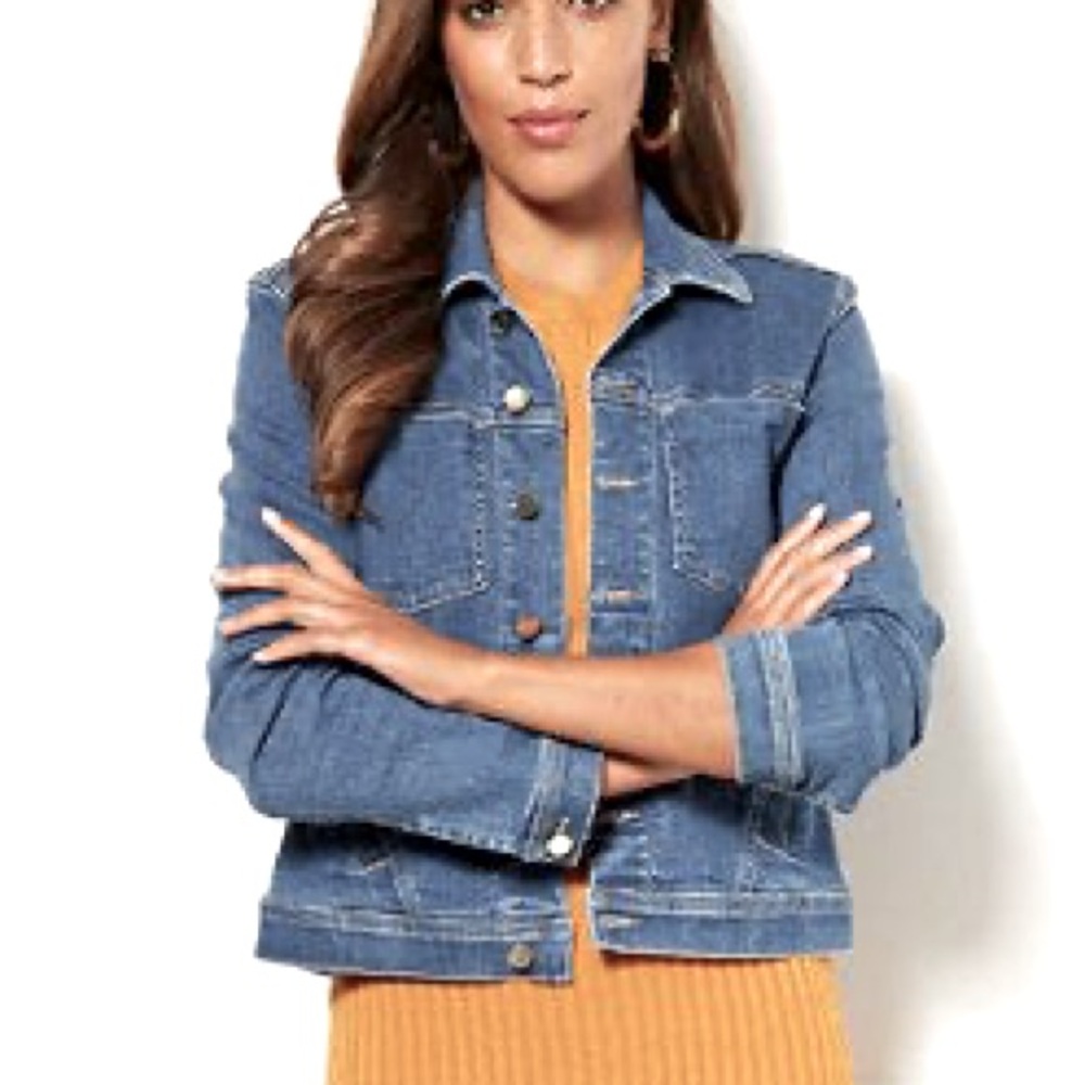 (A13) New York & Company Blue Jean Jacket Classic Denim Distressed Style, Size M